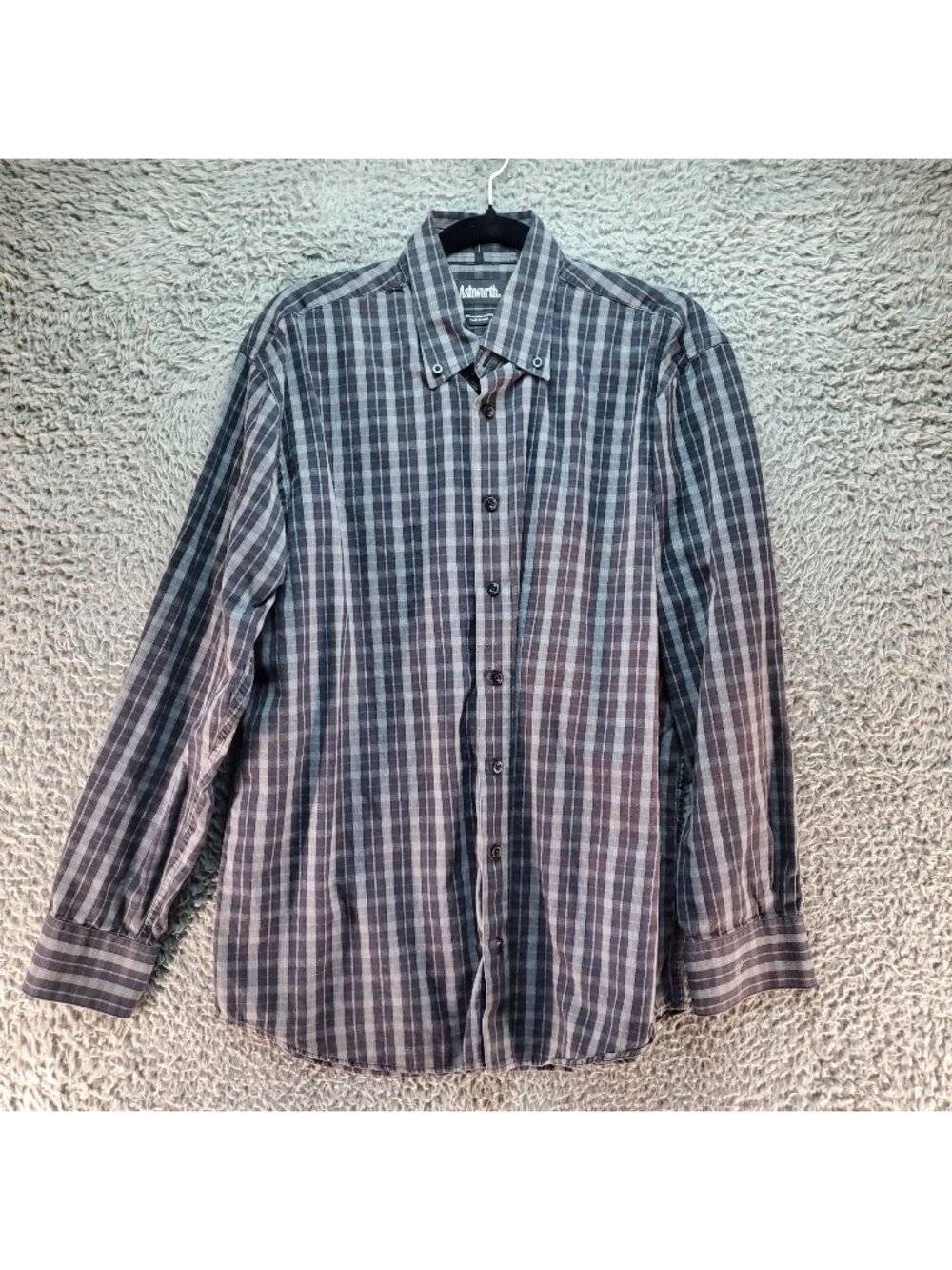 Ashworth Shirt Mens Large Navy Gray Long-Sleeve Plaid Button-Up